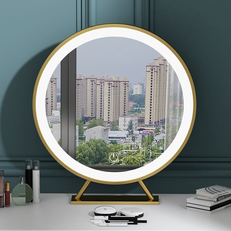 梳妆台镜子台式带灯家用led智能北欧闪电客轻奢ins风网红圆形大化妆镜