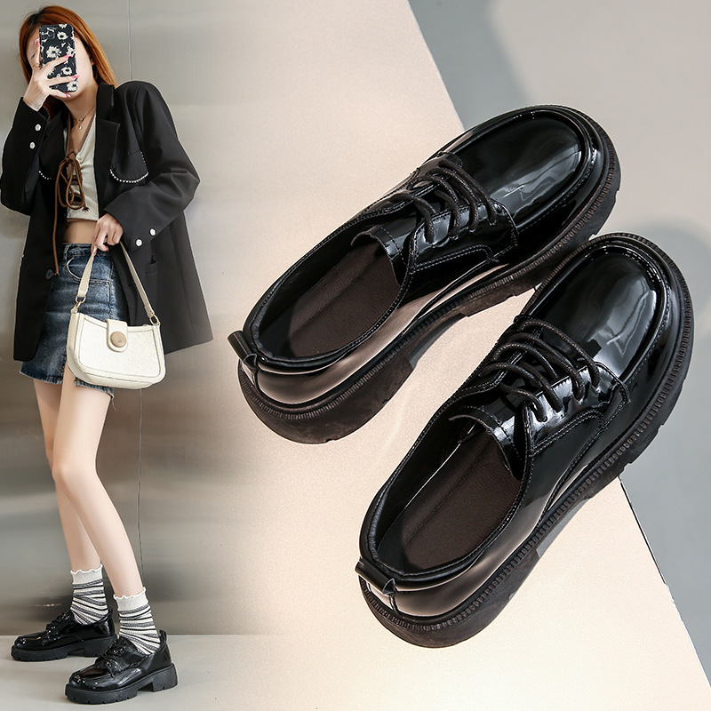 2023秋季新款亮面小皮鞋女ins潮厚底增高系带复古学院英伦风