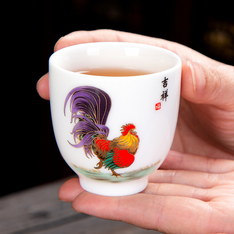 德化羊脂玉主人杯单杯茶杯功夫茶具鸡缸杯茶盏陶瓷品茗杯单个大号 三维工匠 吉星高照吉祥杯单个礼盒装高清大图