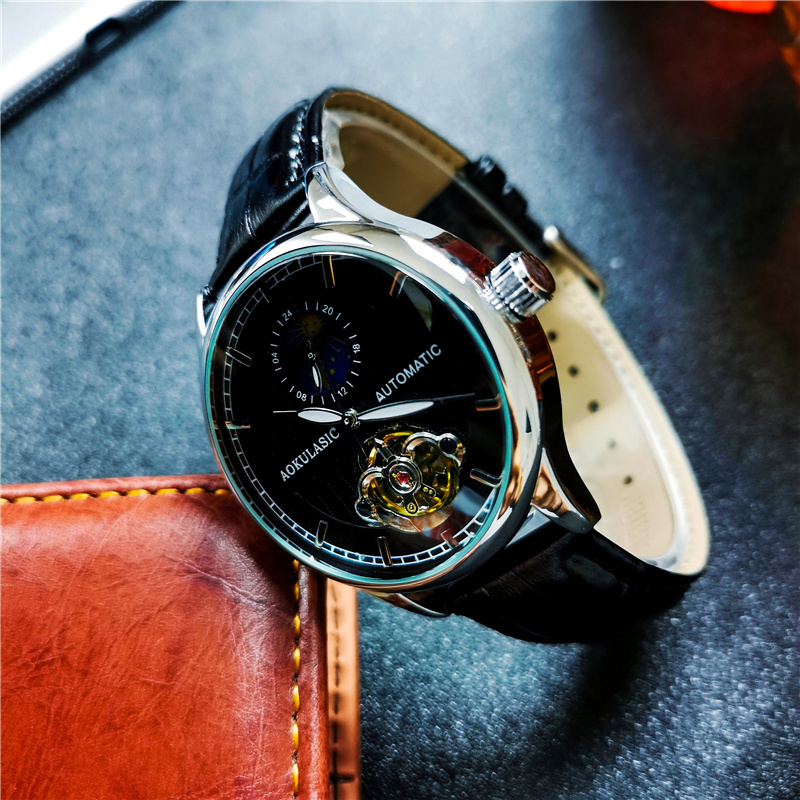 奥古拉斯全自动机械表双面镂空手表男士陀飞轮月相防水精钢蝴蝶扣潮流腕表高清大图