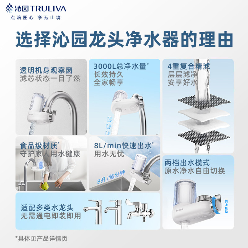 沁园龙头净水器过滤家用自来水厨房通用适配99%水龙头省心4层复合精滤免安装租房老人[1机1芯]高清大图