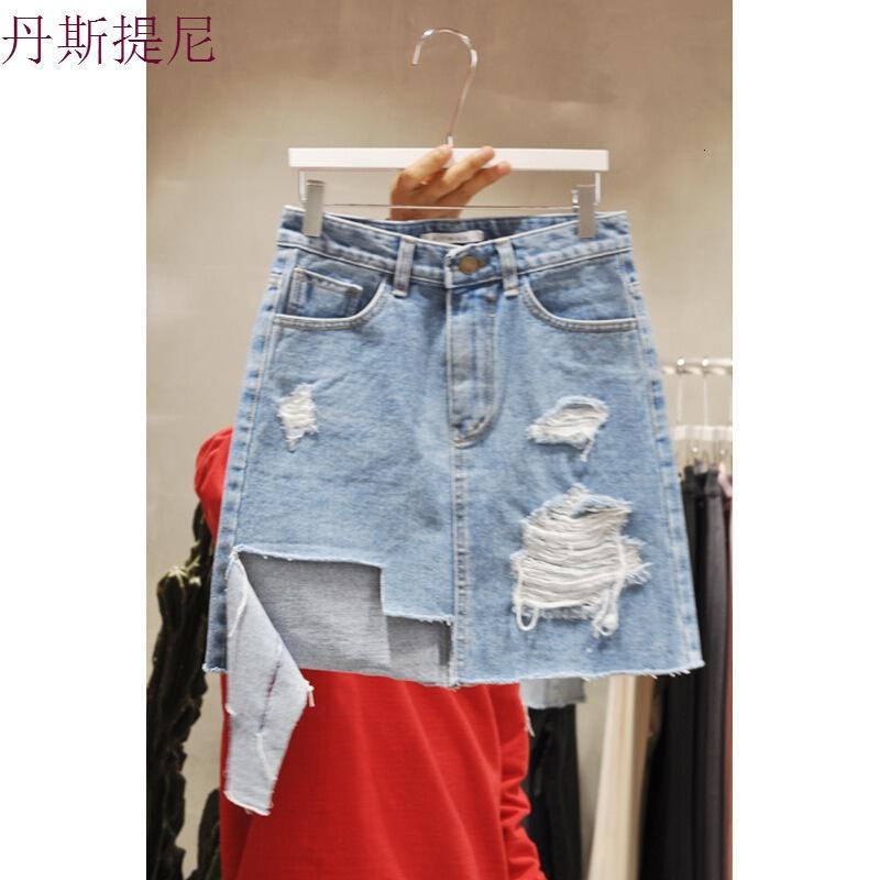 特惠款破洞不规则牛仔半身裙女2018夏季新款韩版学生A字裙短裙子浅蓝色
