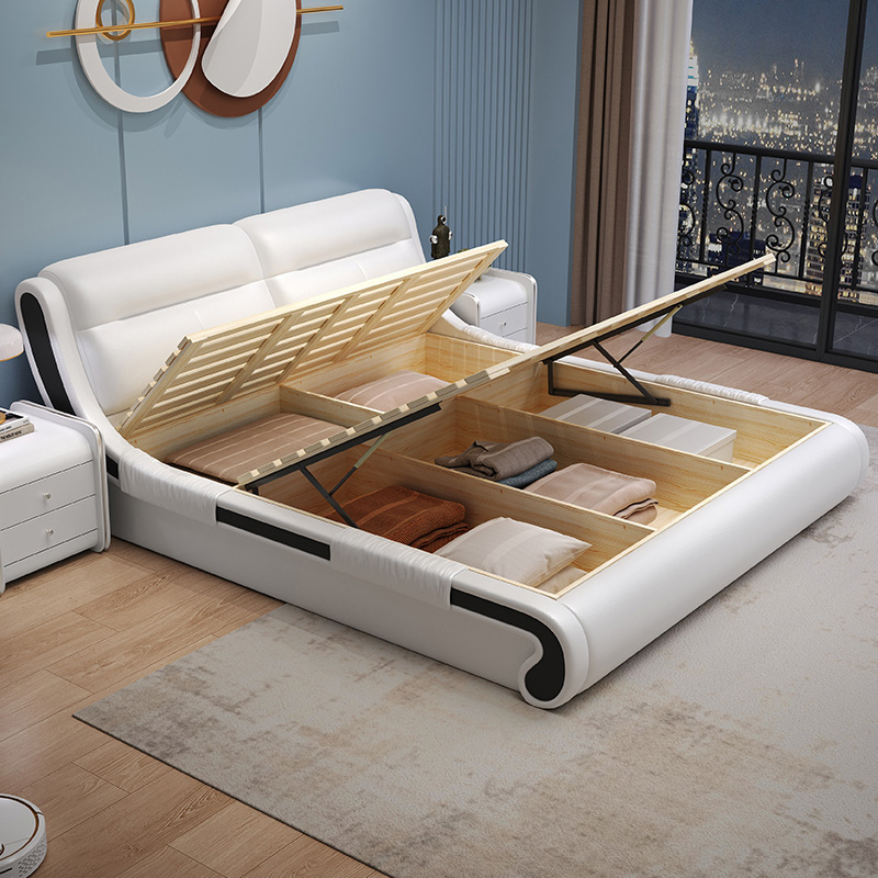 意式真皮床轻奢现代简约双人床北欧主卧榻榻米储物床家用软包婚床高清大图