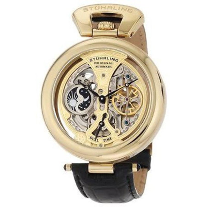 stuhrling施图灵原装进口皮带全自动机械手表男复古镂空双时区休闲