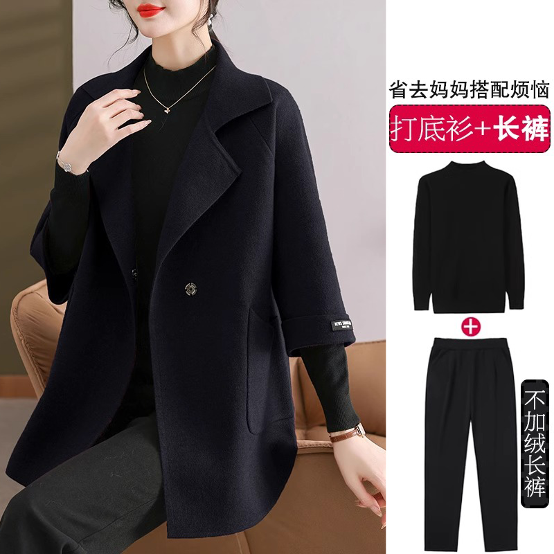 恒源祥妈妈秋冬装羊毛呢外套中长款中老年女装2024新款洋气大风衣 M推荐90-105斤 黑色+黑色打底衫+裤子