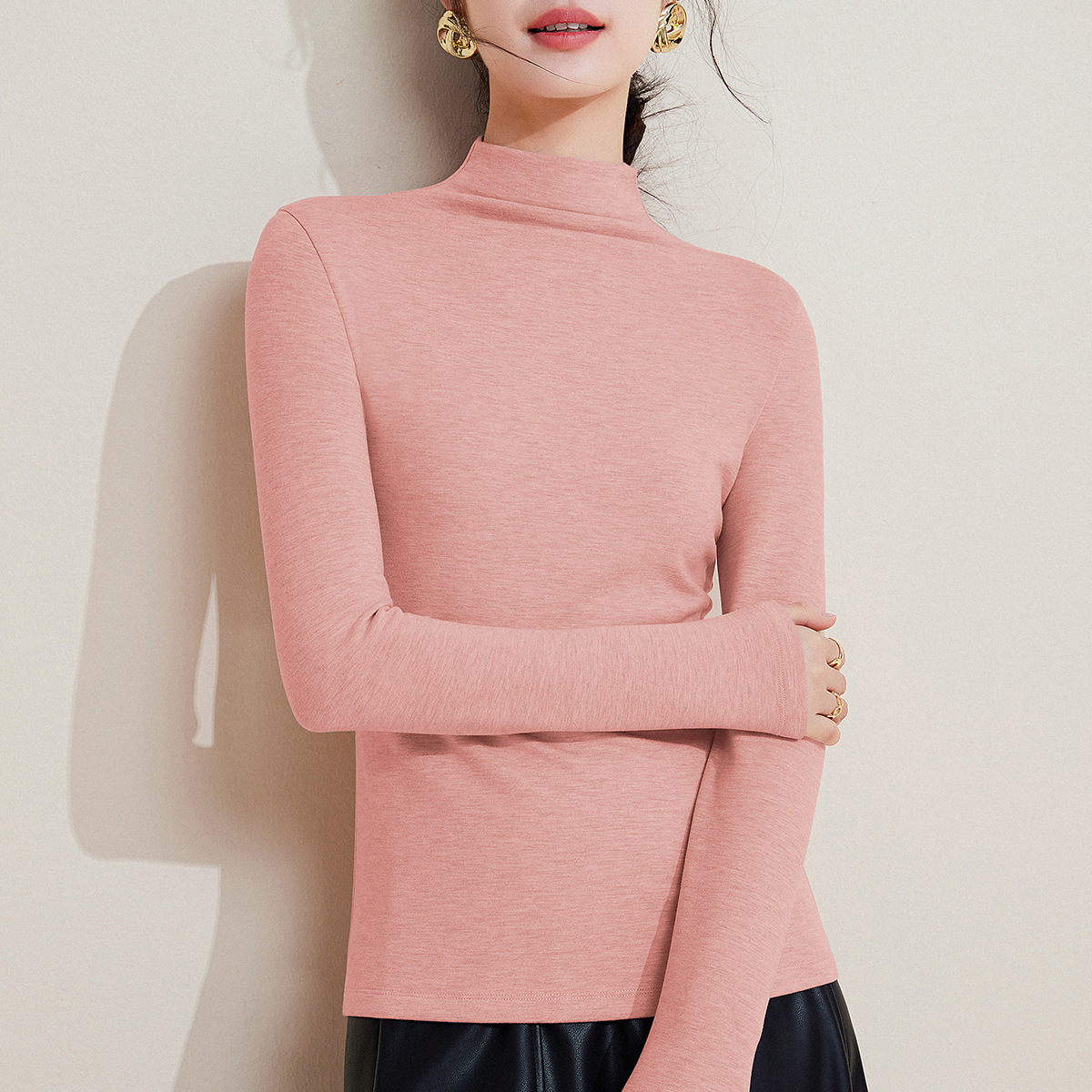 羊毛蚕丝加绒半高领打底衫秋衣女加厚保暖内搭中领1688上衣女冬季 粉色 XXXXL