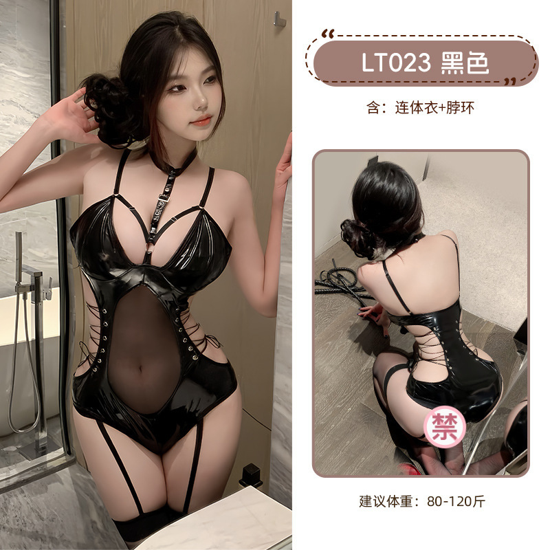 九里晴川胸前镂空漆皮绑带魅力性感连体衣小胸显大套装纯欲睡衣 九里晴川LT023【开裆漆皮连体衣】 均码