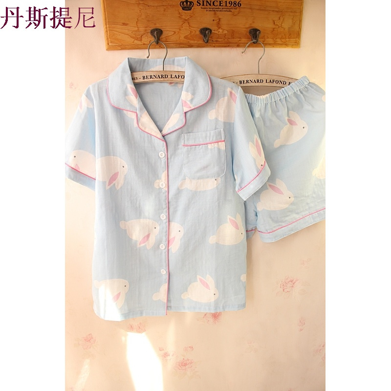 日系可爱小兔子少女全棉双层纱布女士短袖短裤睡衣套装家居服夏天