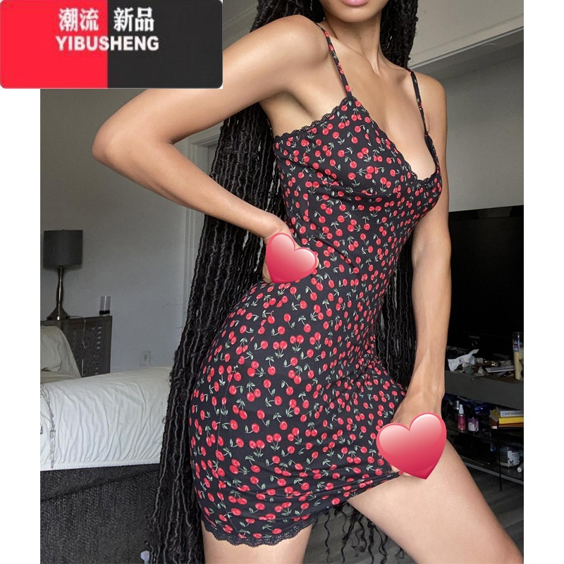 YIBUSHENG[白月光]可爱辣妹风樱桃印花吊带连衣裙2024春季新款修身包臀裙