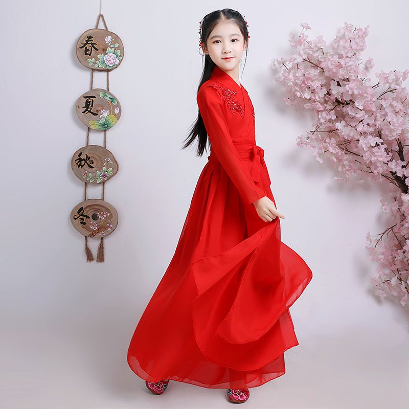 儿童汉服中国风服装古代公主仙女服套装女童日常改良广袖流仙裙粉色