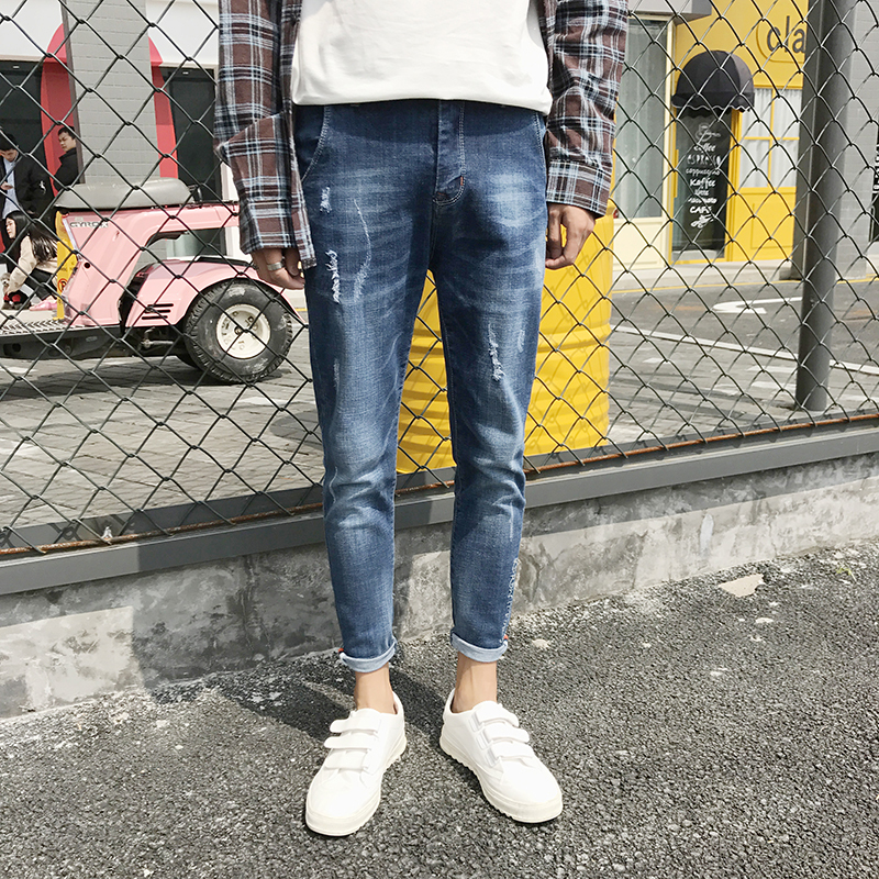 2018春夏新品潮男刺绣九分裤 青少年韩版小脚哈伦百搭潮9分牛仔裤