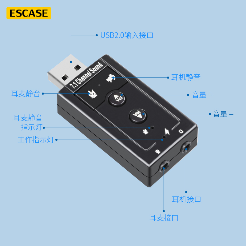 ESCASE usb外置声卡台式机笔记本电脑专用外接音频线音响耳机麦克风游戏直播3.5转换器 033A黑