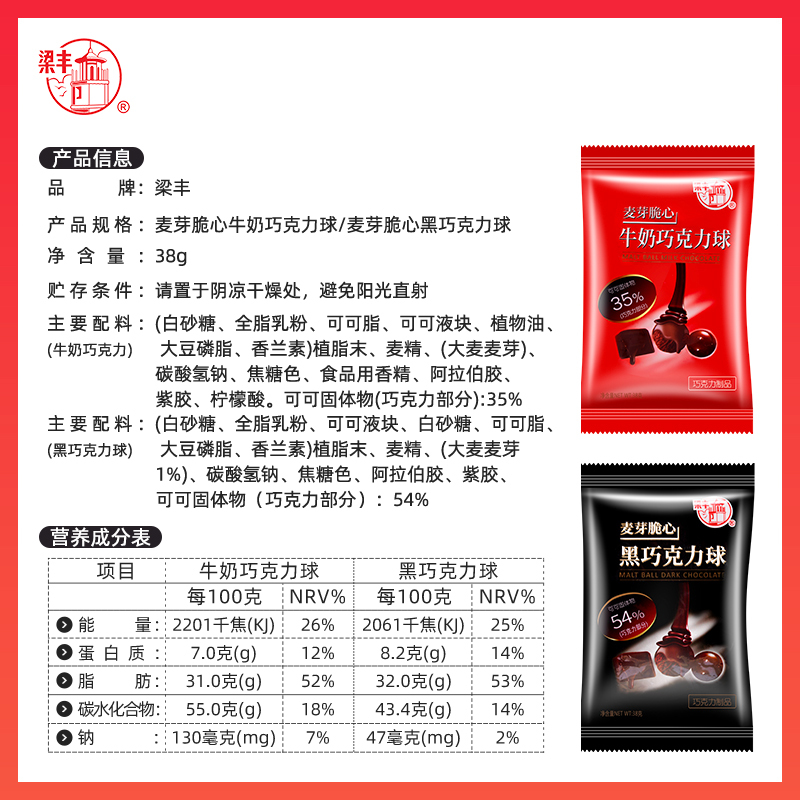 梁丰 麦芽脆心可可脂麦丽素牛奶巧克力38g*8包