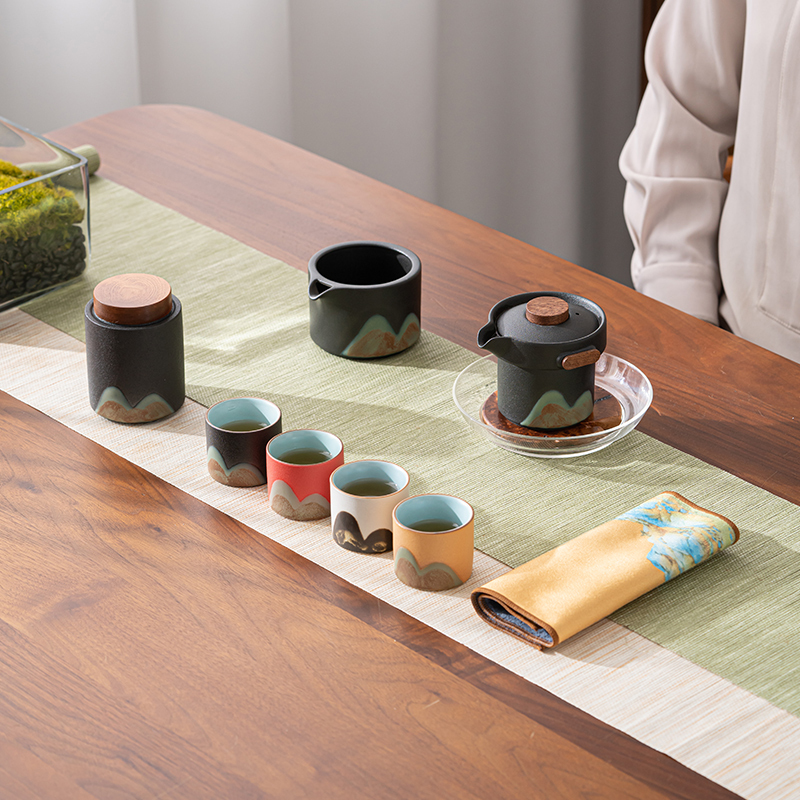 苏氏陶瓷(SUSHI CERAMICS)手绘釉画彩千里江山四色杯清风壶套装禅黑文创伴手礼套组