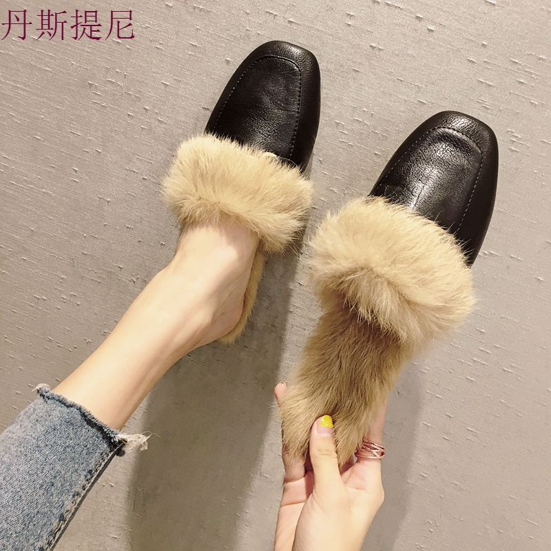 包头半拖鞋女秋外穿2018新款百搭时尚平底毛毛拖韩版方头穆勒鞋潮