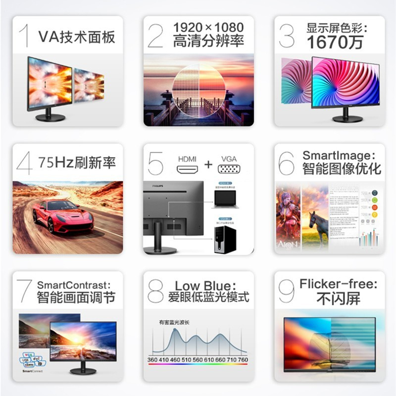 飞利浦 221S9 21.5英寸显示器 广视角爱眼低蓝光不闪 电脑显示屏 HDMI+VGA