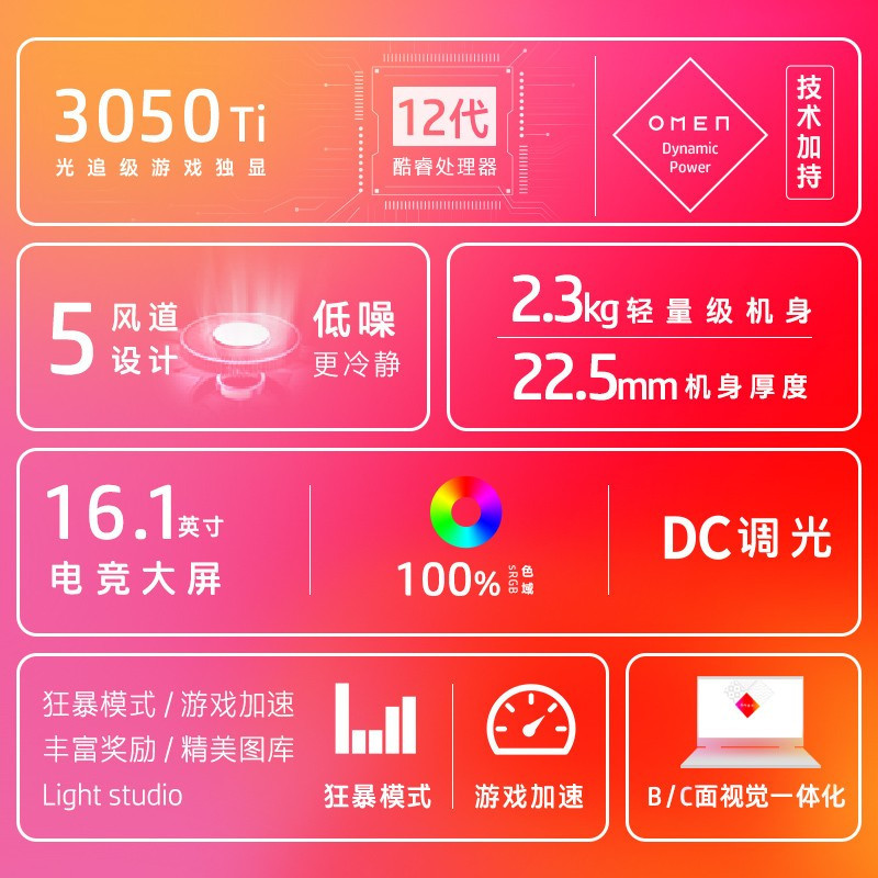 惠普(HP)暗影精灵8 16-b1003TX16.1英寸游戏笔记本电脑(12代酷睿i5-12500H RTX3050Ti 4G独显16GDDR5 512GSSD 144Hz)