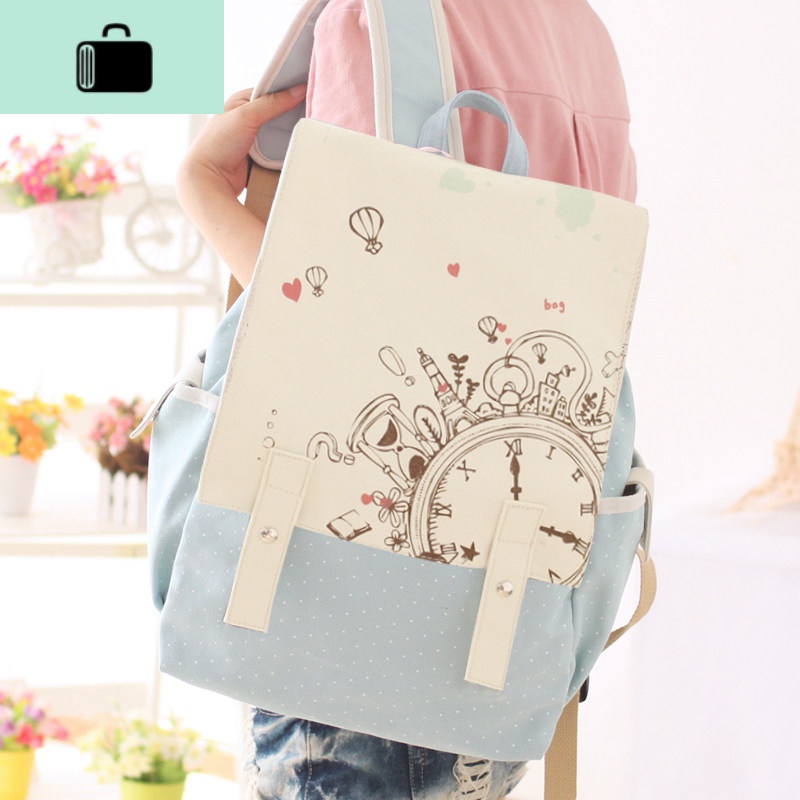 初中生书包女韩版高中学生ins风日系双肩包帆布森系校园简约背包NEW LAKE 淡蓝彩色钟