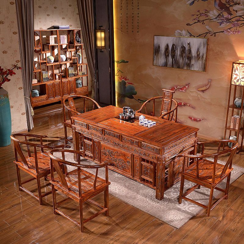 茶桌椅组合实木喝茶泡茶桌中式仿古家用办公榆木茶台套装功夫茶几17m