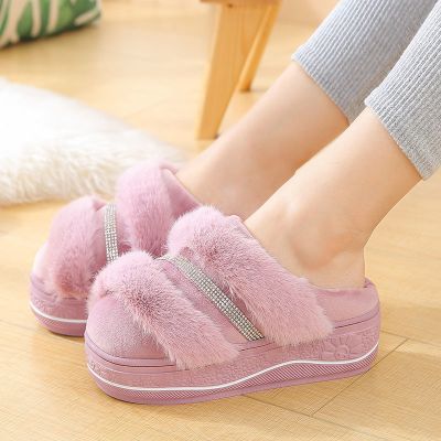 高跟棉拖鞋女厚底可爱室内居家毛绒月子拖鞋秋冬外穿棉鞋保暖坡跟 毛绒-紫色 38-39适合37-38码脚穿