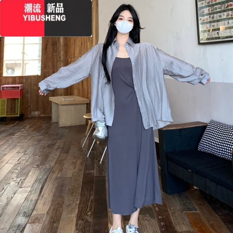 YIBUSHENG今年流行漂亮套装裙女季大码胖mm防晒衬衫显瘦吊带连衣裙两件套
