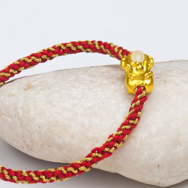 梦克拉3d硬金和田白玉貔貅手链貔貅宝宝金镶玉貔貅手链红绳手链黄金