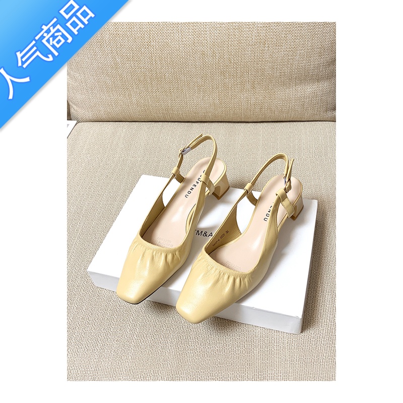 SUNTEK包头凉鞋女粗跟2023新款方头中跟镂空单鞋软皮一字带扣夏季高跟鞋高清大图