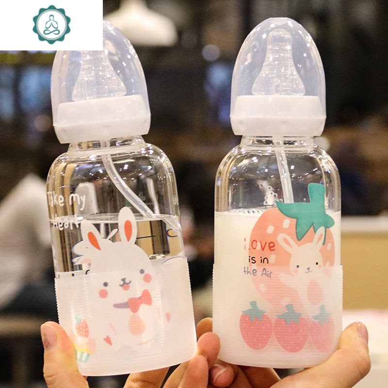 奶瓶杯子网红少女心水杯大人小孩可爱吸管杯韩版耐热学生玻璃杯 封后 兔子-柴犬奶瓶图片