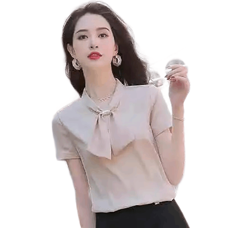2022夏季雪纺衫短袖衬衫洋气时尚领口系带衬衣女气质宽松免烫上衣莎丞图片