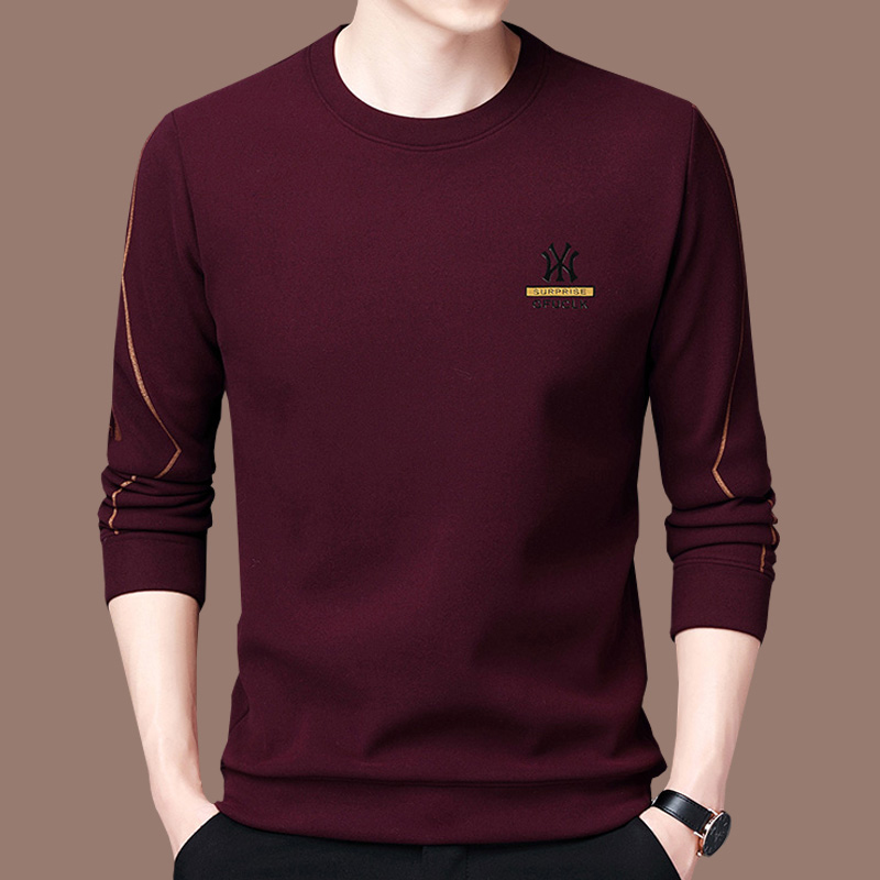 恒源祥正品新款高端时尚加绒卫衣男士休闲圆领长袖t恤打底衫潮男T NY酒红 170/L码-建议110-135斤