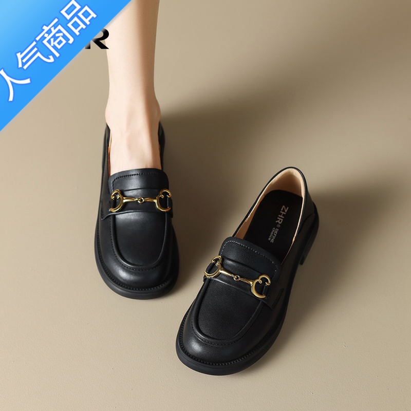 SUNTEK法式低跟单鞋女2023夏季新款凉鞋乐福鞋一脚蹬黑色小皮鞋高清大图