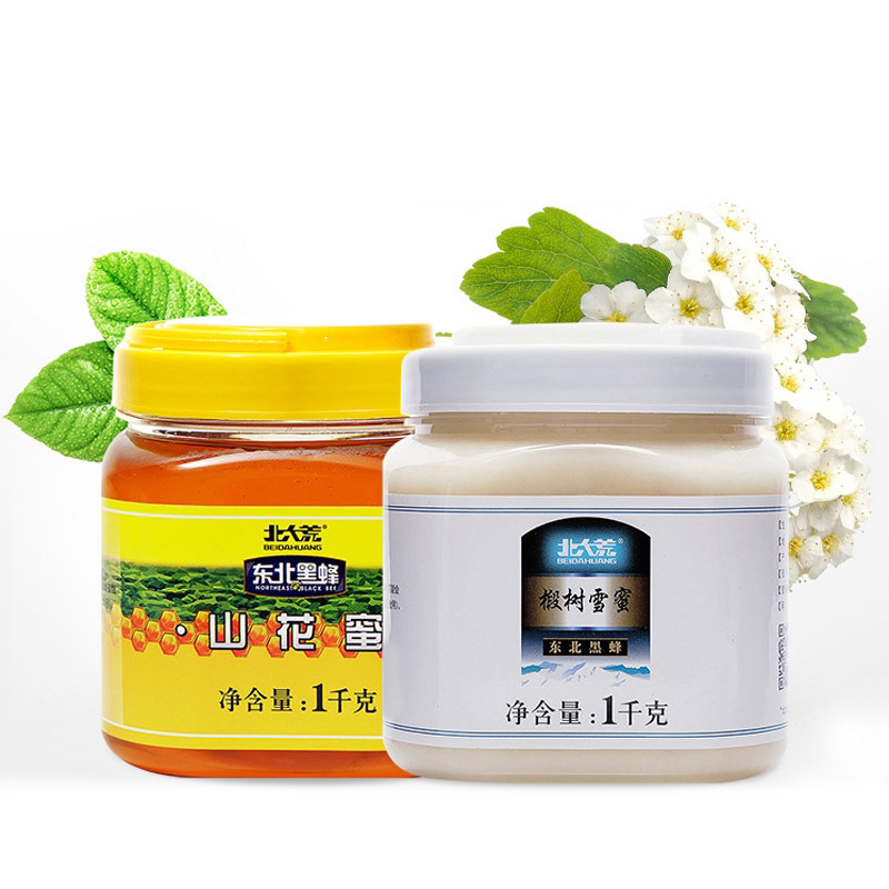 北大荒 东北黑蜂 山花蜜1000g+椴树雪蜜1000g 纯蜂蜜组合装礼物公司团购礼品送礼