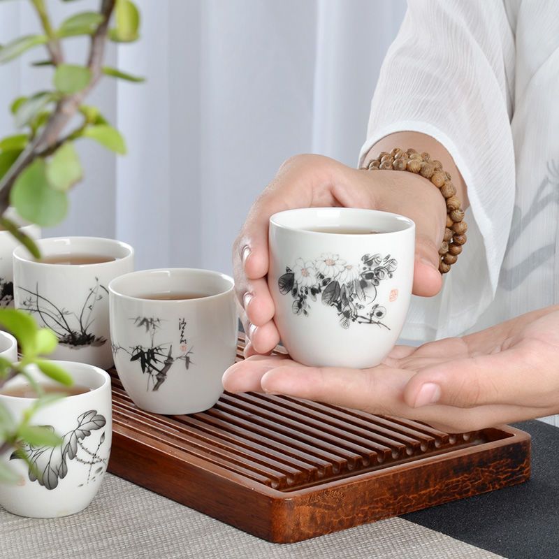 陶瓷杯子茶杯个人杯单杯家用建盏茶碗品茗杯耐热茶具套装6个礼盒 羊脂玉松鹤延年单杯 不带托盘