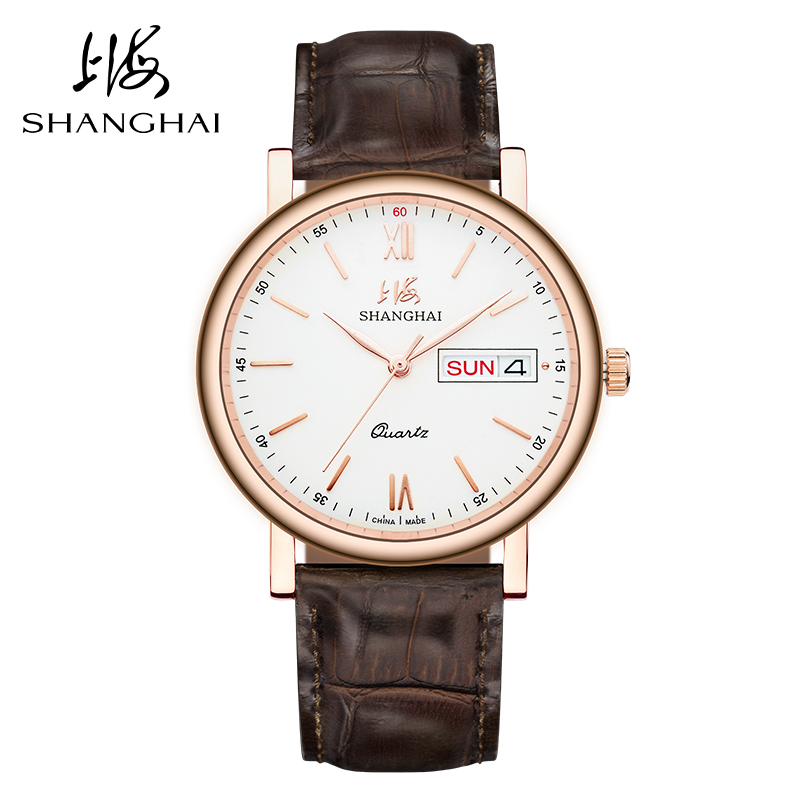上海SHANGHAI手表 男士手表 时尚潮流休闲石英表 防水情侣石英女表 情侣对表皮革日历皮带腕表DS0132高清大图