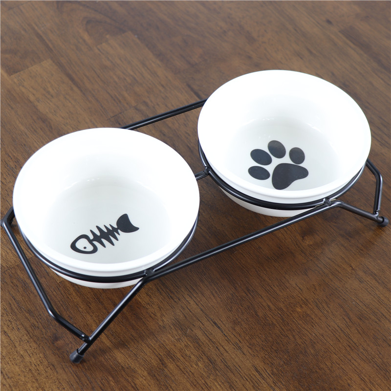 宠物餐桌 卡通陶瓷碗双碗 碗和铁丝碗架可分离 猫碗狗碗食碗盆 爪印双碗（含碗架） 均码，适合小型犬和猫咪