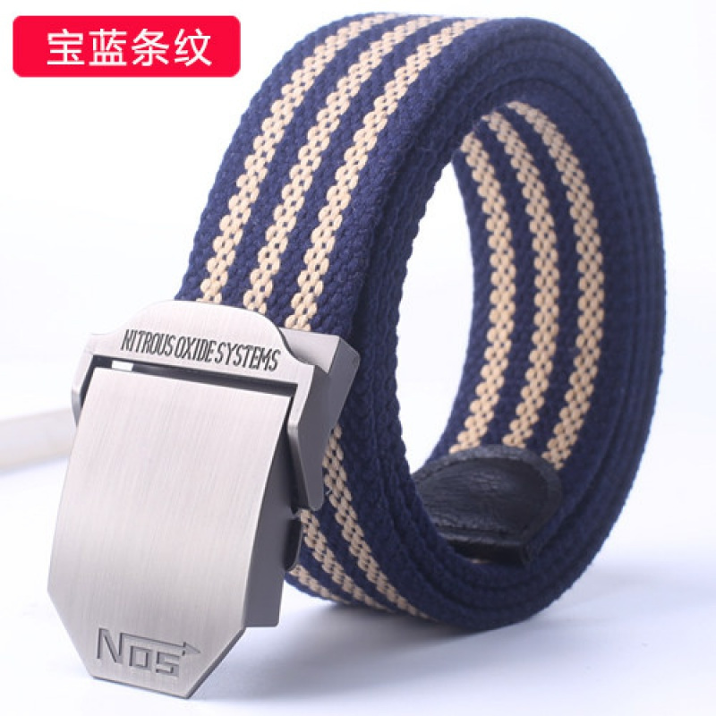 家柏饰(CORATED)帆布腰带男士平滑自动扣皮带学生大码裤带加长军训青年休闲布带潮 NO5宝蓝条纹155cm