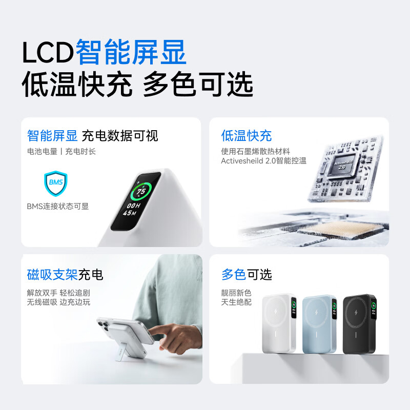 ANKER安克[新3C认证]磁吸支架充电宝移动电源 有线27W无线7.5W A110Z 10000mAh 白色高清大图