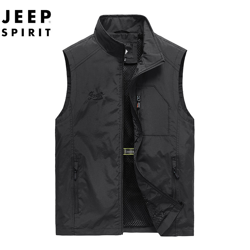JEEP SPIRIT吉普专卖男装马甲速干立领背心户外轻质网眼马夹春秋中老年免烫防风外套