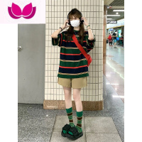 七斓网红甜酷休闲运动套装女夏美式校园风可爱红色条纹T恤短裤套