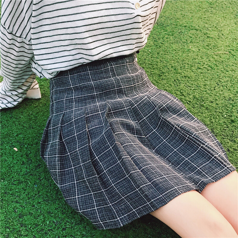 春装女装韩版学院风小清新高腰格子半身裙百褶裙短裙A字裙学生潮黑色加内衬