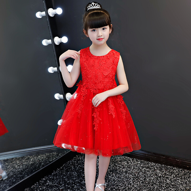 女童洋气公主蓬蓬裙子夏季2018新款儿童连衣裙小女孩网纱礼服12岁红色