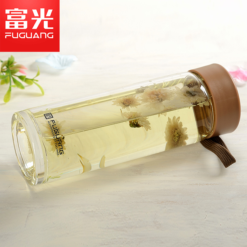 富光(FUGUANG)玻璃杯G1311-620 620ml大容量双层玻璃杯带提手带盖的创意水杯商务办公便携男女水杯