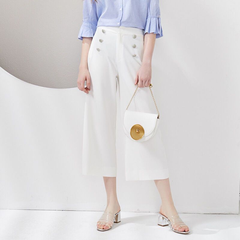 拉夏贝尔夏宽松显瘦纯色简约高腰垂坠感阔腿九分休闲裤