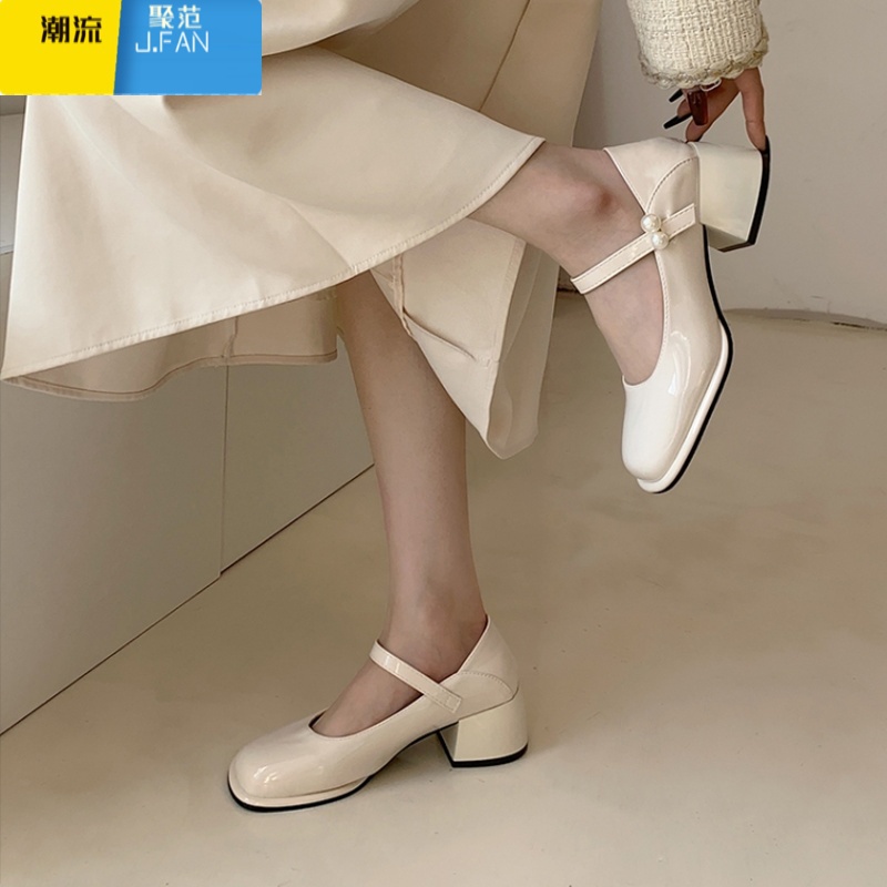 聚范法式晚风单鞋女赫本风温柔中粗跟玛丽珍女鞋优雅淑女小皮鞋高跟鞋