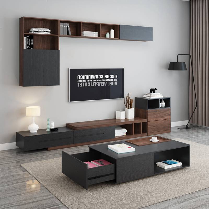 北欧电视机茶几组合背景墙现代简约吊柜挂柜客厅储物柜壁柜置物架