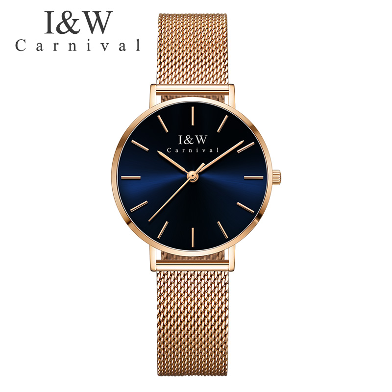 正品嘉年华Carnival女士手表IW时尚休闲女表石英表 女士简约3针纤薄款防水米兰网带手表女英伦风8793L 玫金蓝面32MM