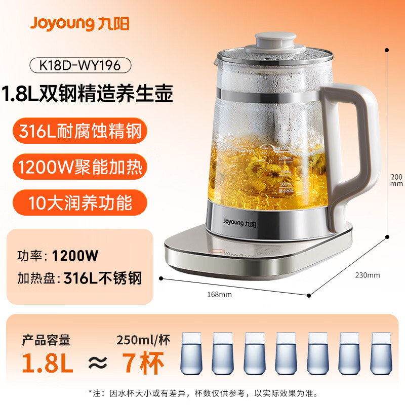 九阳(Joyoung)[门店同款]九阳养生壶1.8升大容量316L不锈钢玻璃烧水壶花茶壶K18D-WY196高清大图