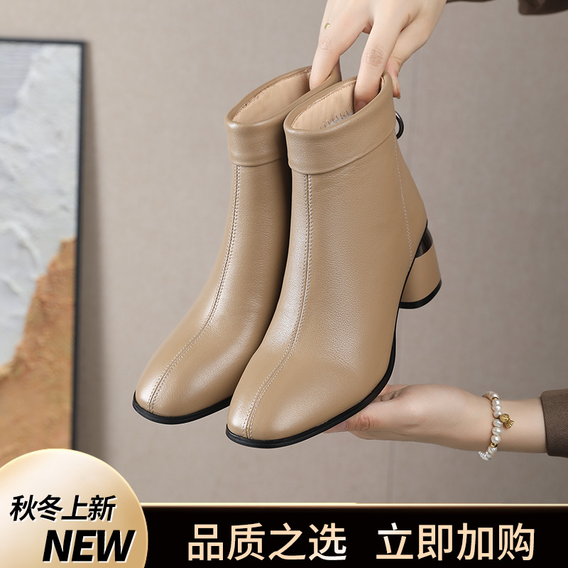 时尚气质单靴靴秋冬新款简约圆头粗跟短靴头层牛皮时装靴皮靴