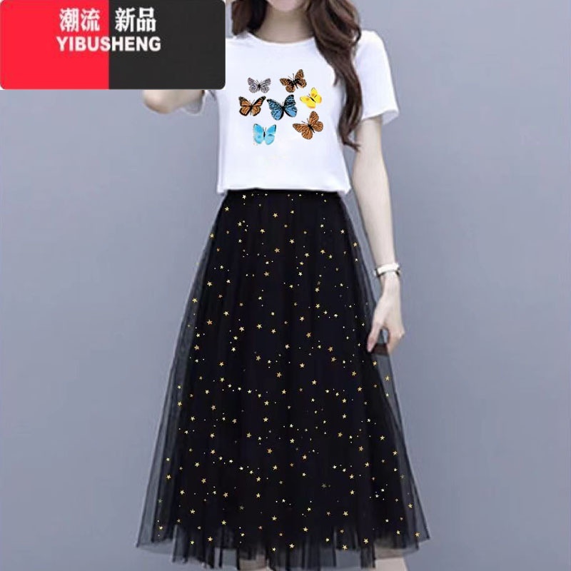 YIBUSHENG网纱裙女两件套装季新款短袖t恤女小个子半身裙子学生连衣裙女高清大图