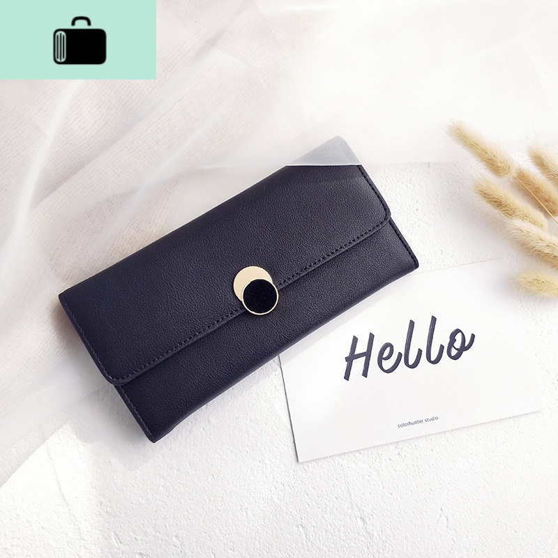 牛皮圆环长款钱包女士2020新款日韩ins小清新学生大容量手机皮夹NEWLAKE 黑色